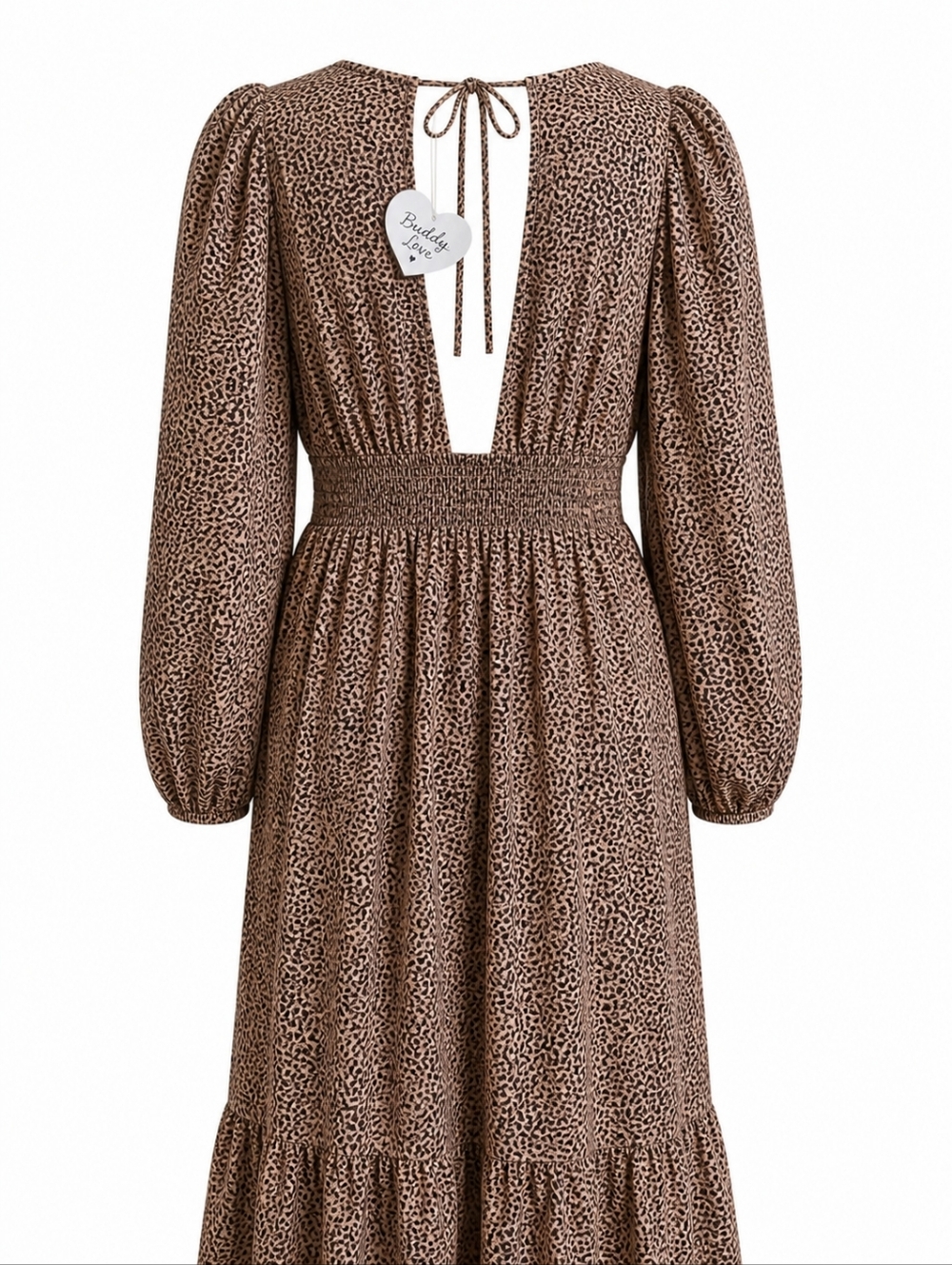 BuddyLove Leopard Maxi Dress XS NWT Boho Deep V Long Sleeve Smocked Waist - Picture 7 of 16